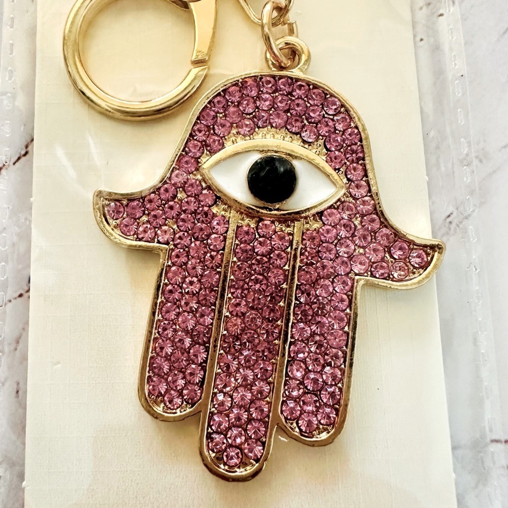 Pink Rhinestone Goldtone Hamsa Hand Keychain Bag Charm Accessories